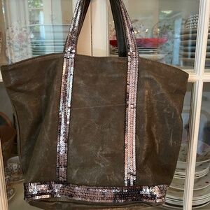 Vanessa Bruno Green Leather Sequin Tote, Le Cabas, Vintage, Broken-In